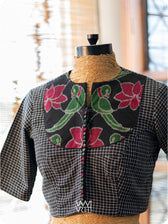 Black Checks Lotus Parrot Ikat Cotton Blouse