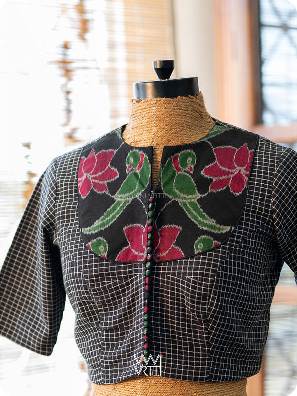 Black Checks Lotus Parrot Ikat Cotton Blouse