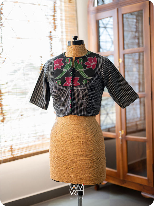 Black Checks Lotus Parrot Ikat Cotton Blouse