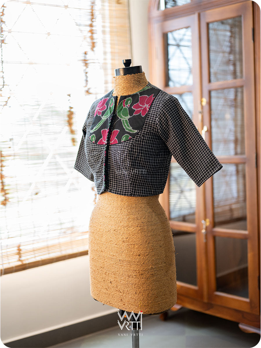 Black Checks Lotus Parrot Ikat Cotton Blouse