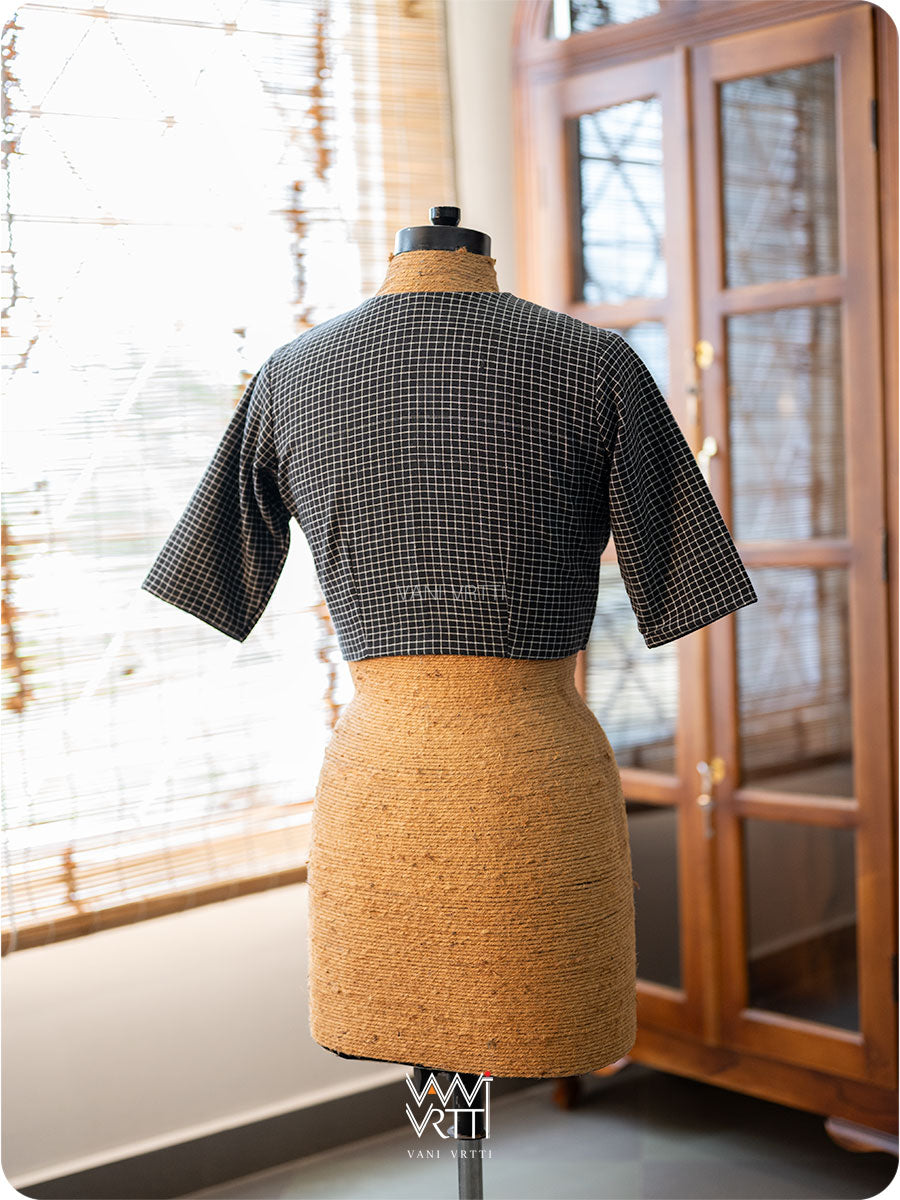 Black Checks Lotus Parrot Ikat Cotton Blouse