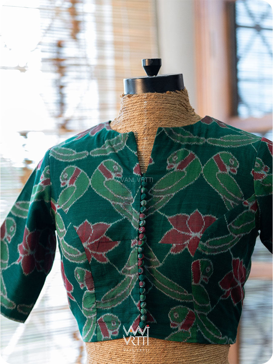 Bottle Green Red Lotus Parrot Fine Cotton Ikat Blouse