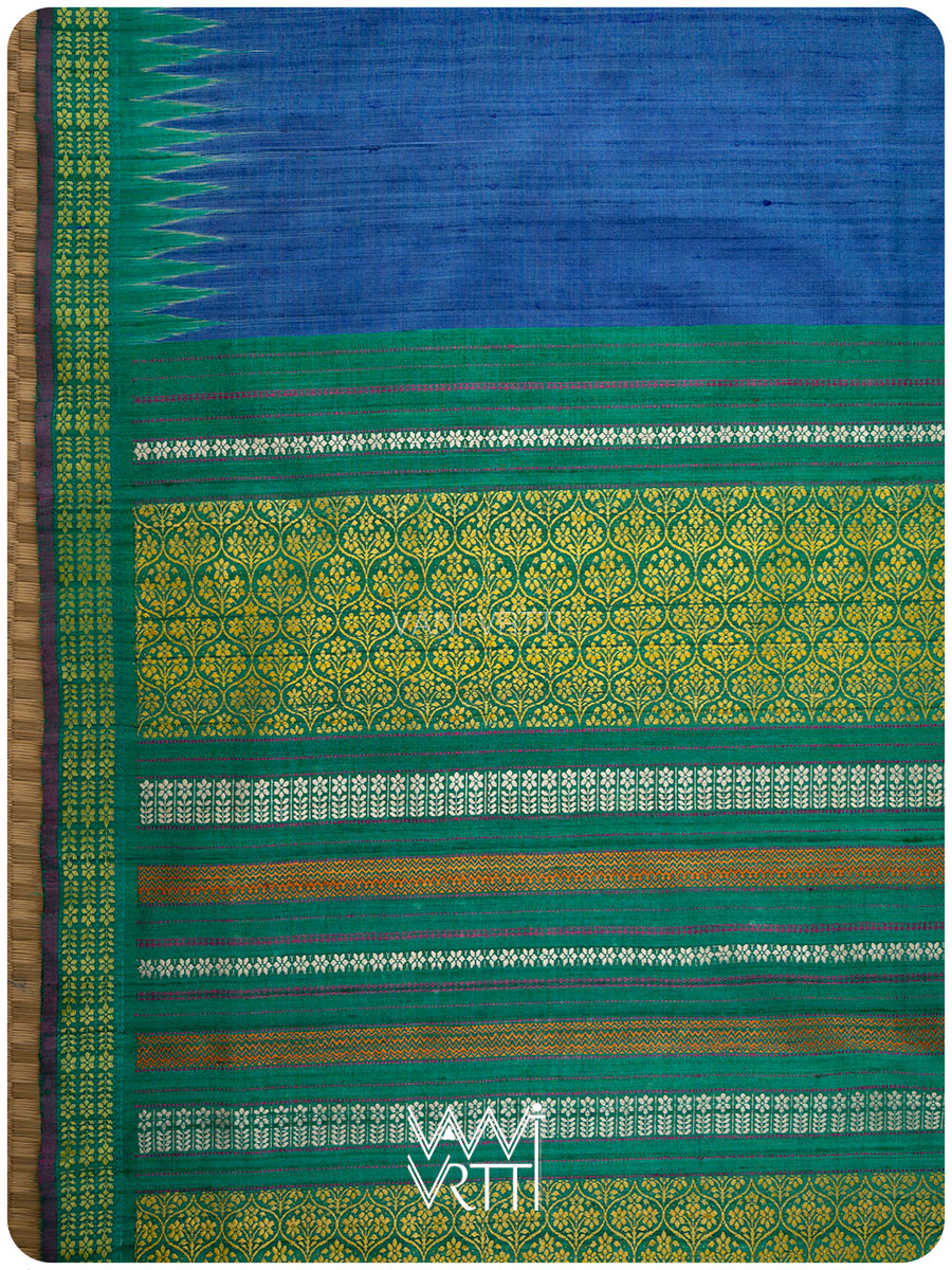 Royal Blue Emerald Green Parijat Handspun Tussar Silk Saree