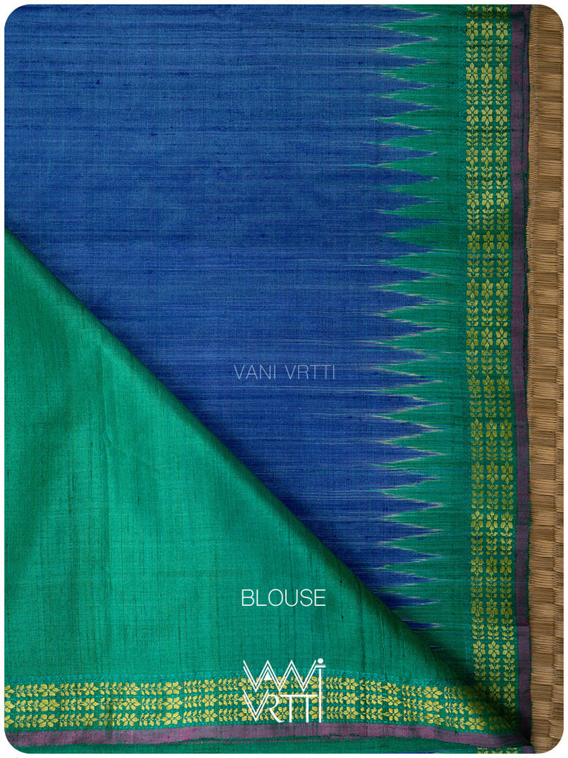 Royal Blue Emerald Green Parijat Handspun Tussar Silk Saree