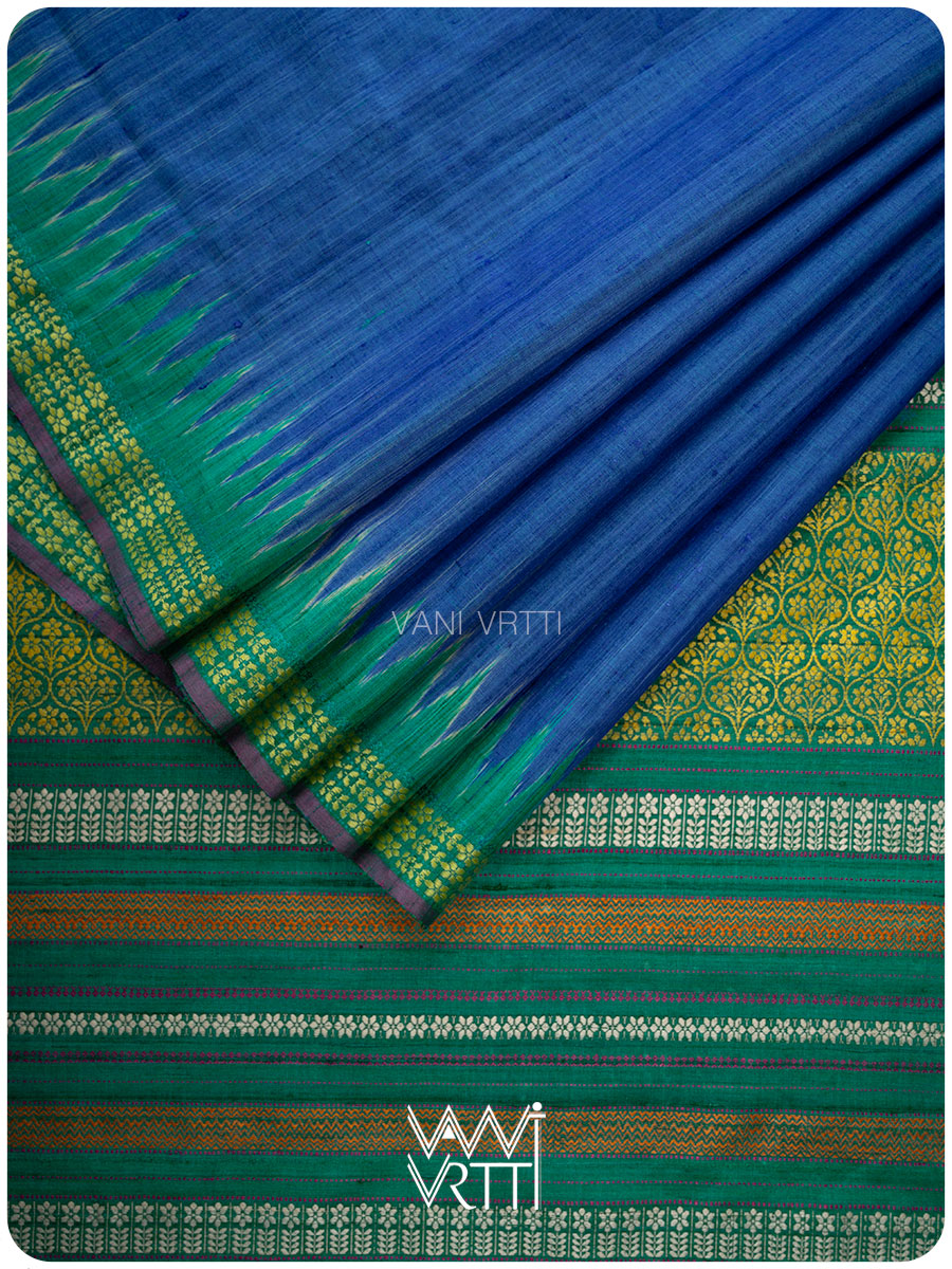 Royal Blue Emerald Green Parijat Handspun Tussar Silk Saree