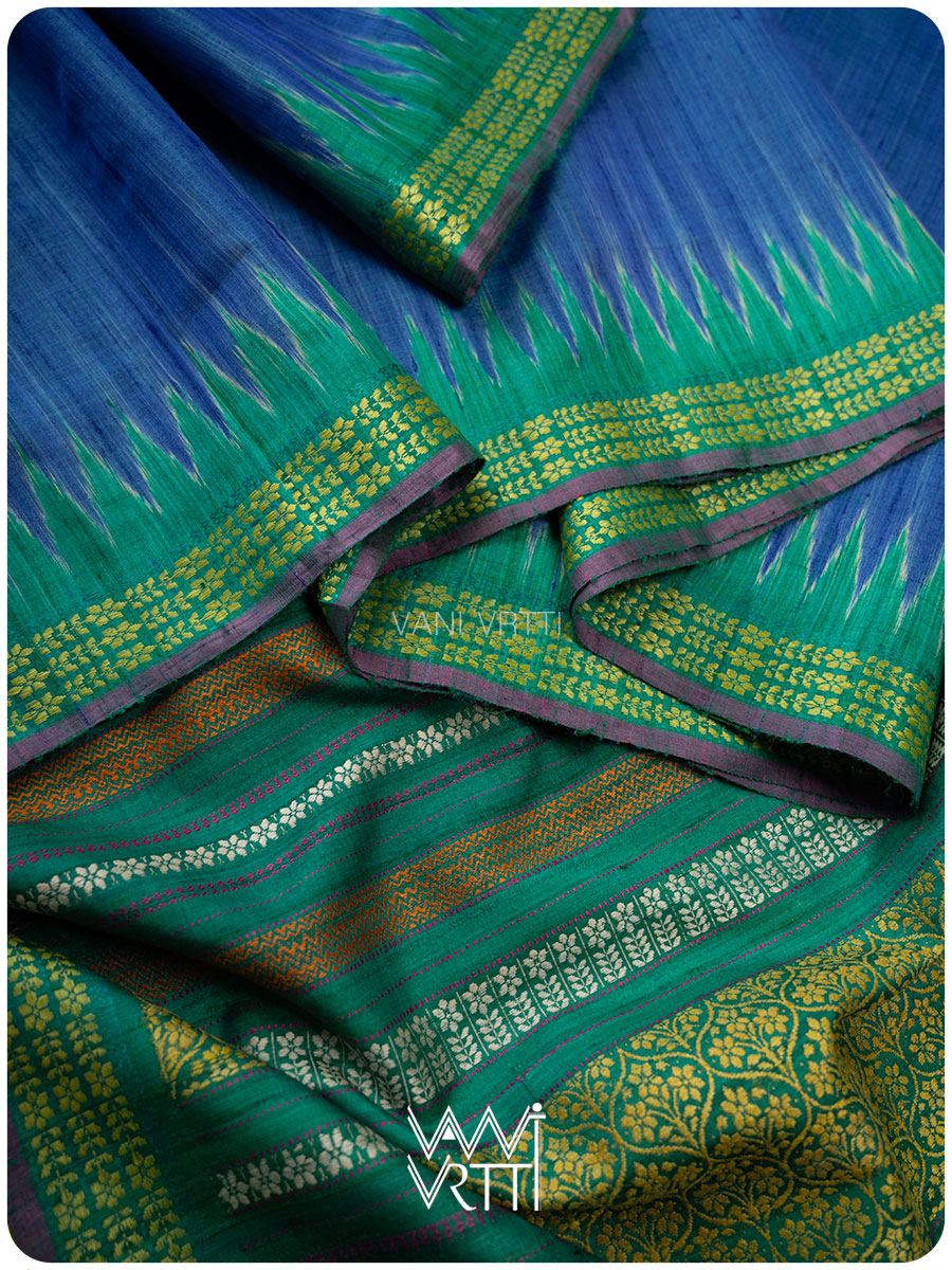 Royal Blue Emerald Green Parijat Handspun Tussar Silk Saree