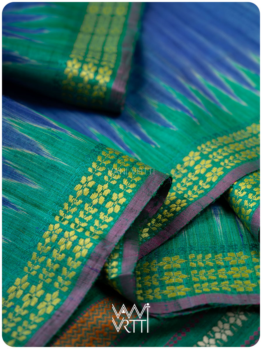 Royal Blue Emerald Green Parijat Handspun Tussar Silk Saree