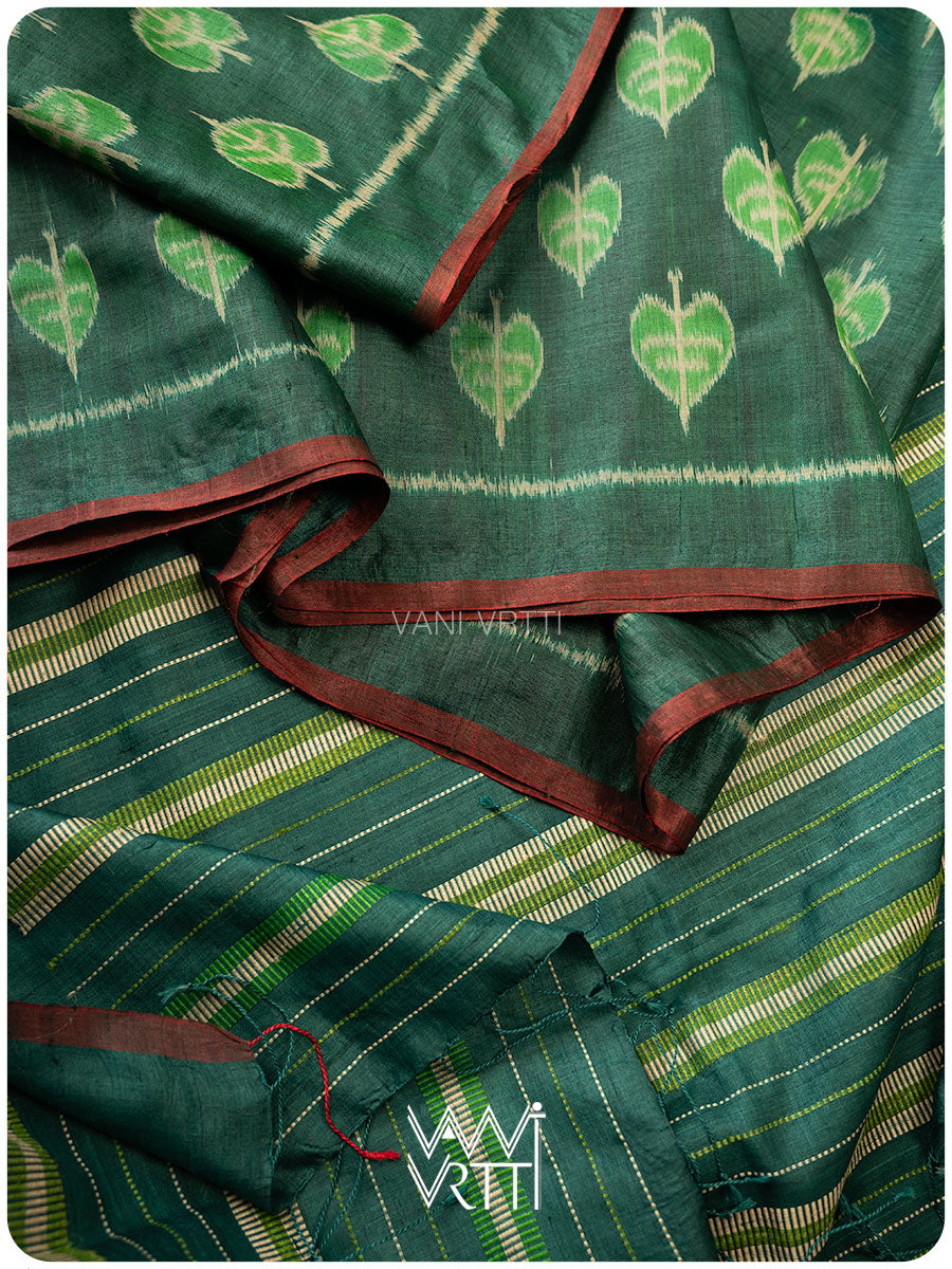 Emerald Green Peepal Ikat Handspun Tussar Silk Saree