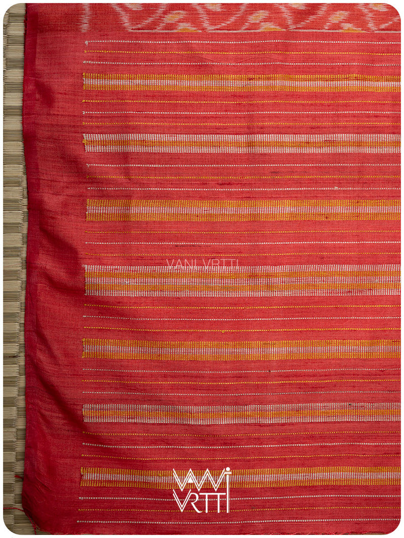 Tomato Red Iris Ikat Handspun Tussar Silk Saree