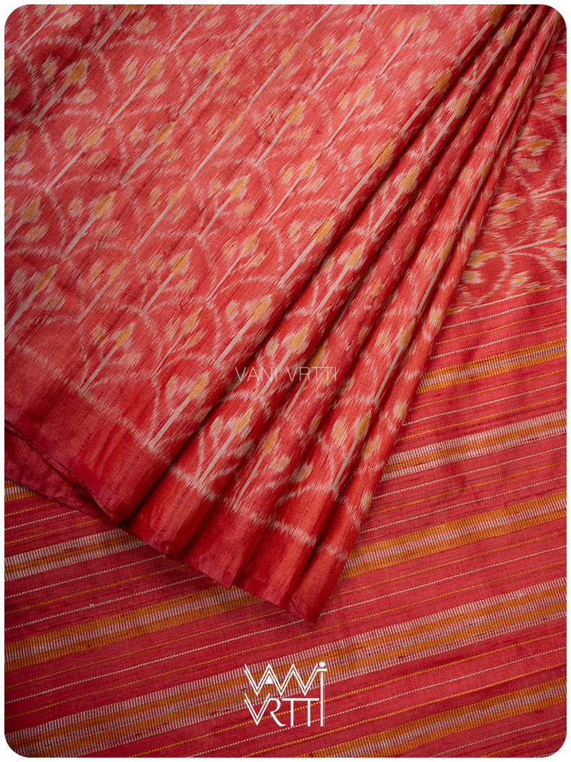 Tomato Red Iris Ikat Handspun Tussar Silk Saree