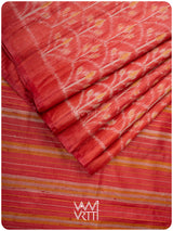 Tomato Red Iris Ikat Handspun Tussar Silk Saree