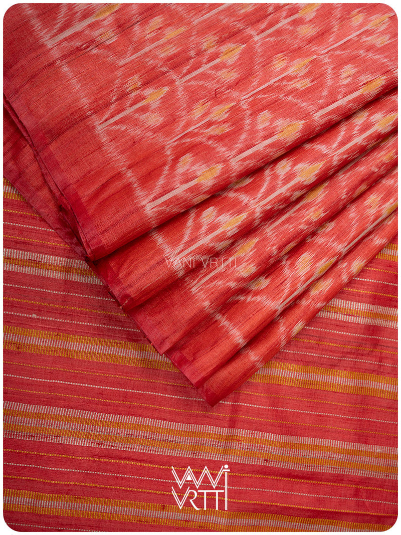 Tomato Red Iris Ikat Handspun Tussar Silk Saree