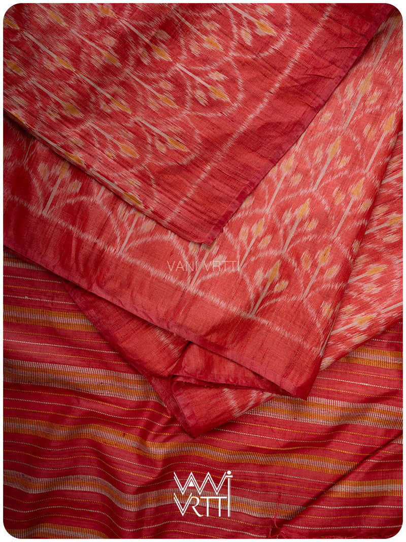 Tomato Red Iris Ikat Handspun Tussar Silk Saree