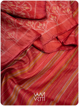 Tomato Red Iris Ikat Handspun Tussar Silk Saree