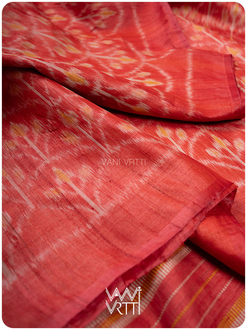 Tomato Red Iris Ikat Handspun Tussar Silk Saree