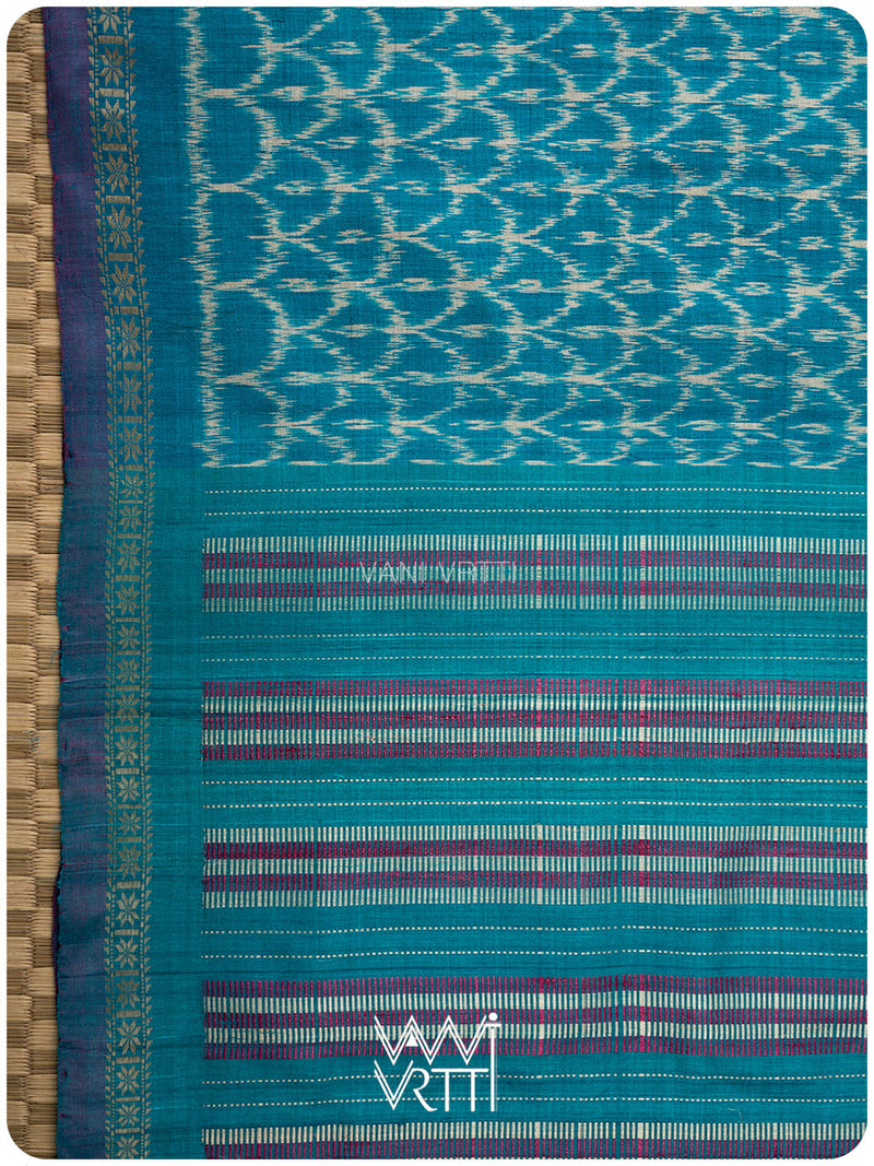 Firozi Blue Samudra Lahar Ikat Handspun Tussar Silk Saree