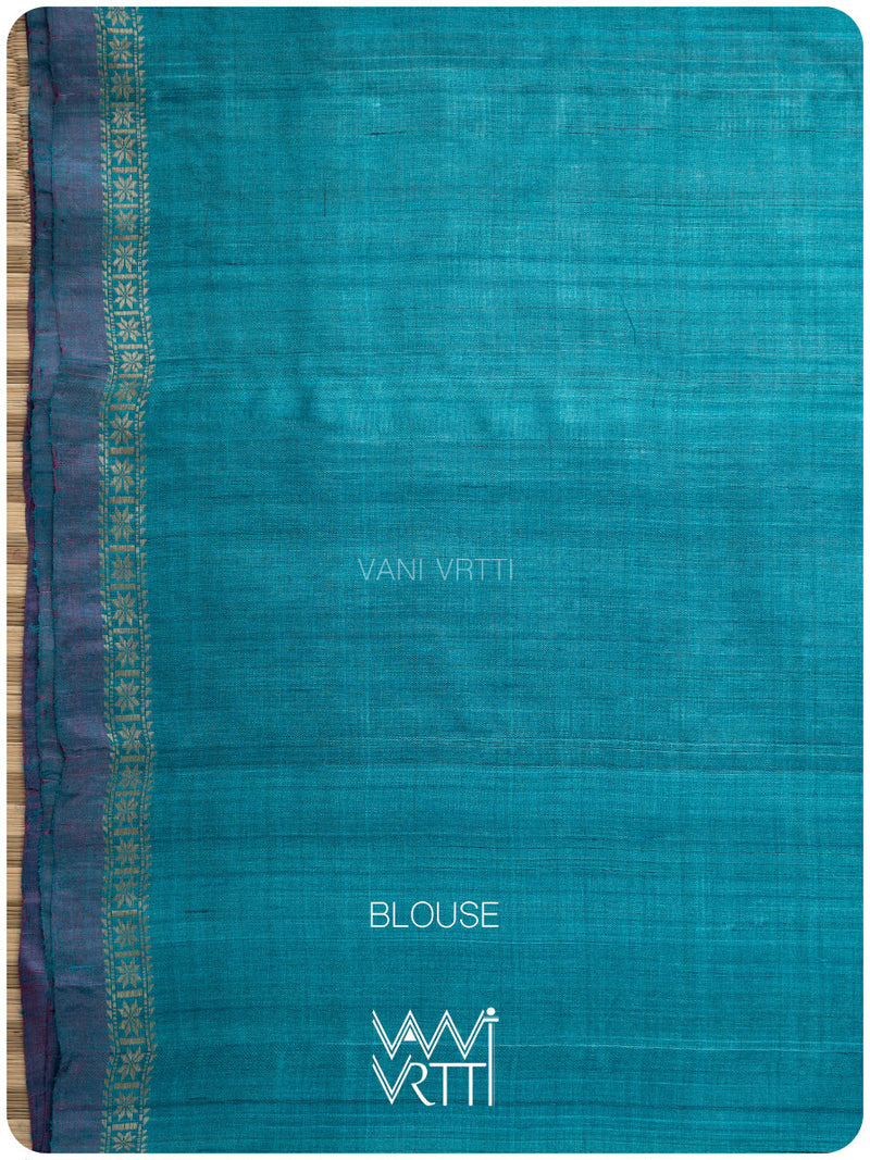 Firozi Blue Samudra Lahar Ikat Handspun Tussar Silk Saree