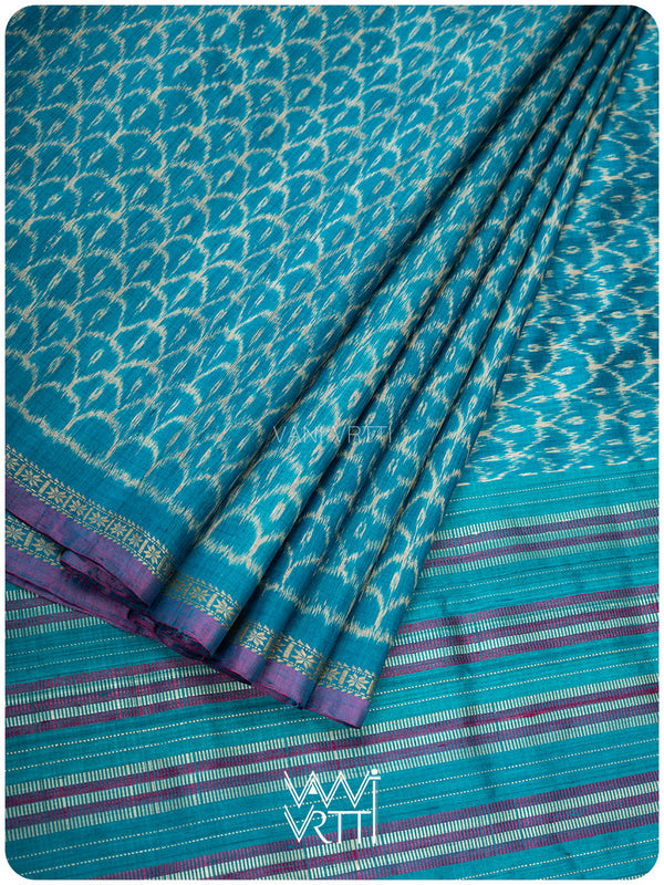 Firozi Blue Samudra Lahar Ikat Handspun Tussar Silk Saree