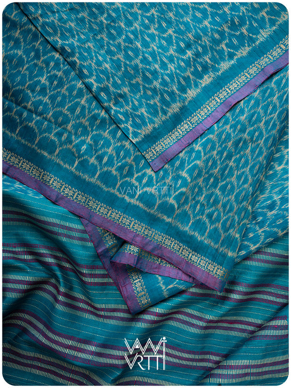 Firozi Blue Samudra Lahar Ikat Handspun Tussar Silk Saree