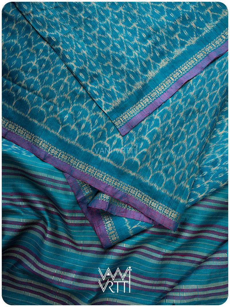 Firozi Blue Samudra Lahar Ikat Handspun Tussar Silk Saree