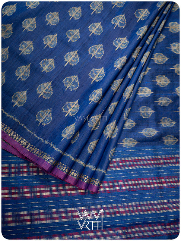 Royal Blue Peepal Ikat Handspun Tussar Silk Saree