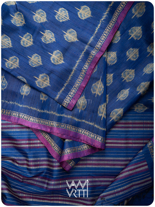Royal Blue Peepal Ikat Handspun Tussar Silk Saree