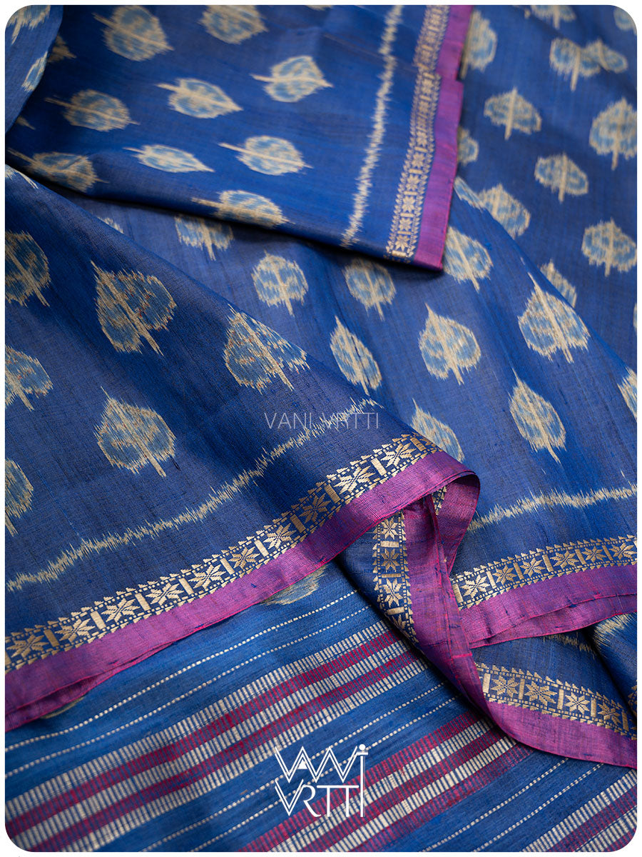 Royal Blue Peepal Ikat Handspun Tussar Silk Saree