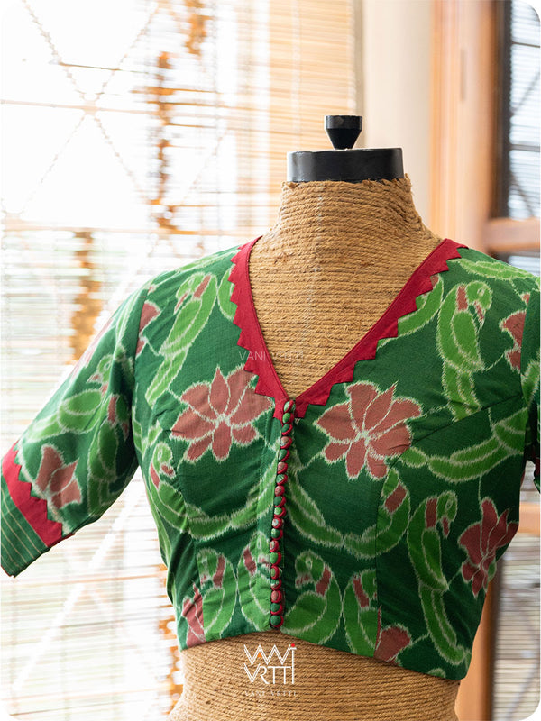 Fern Green Lotus Parrot Patchwork Cotton Ikat Blouse