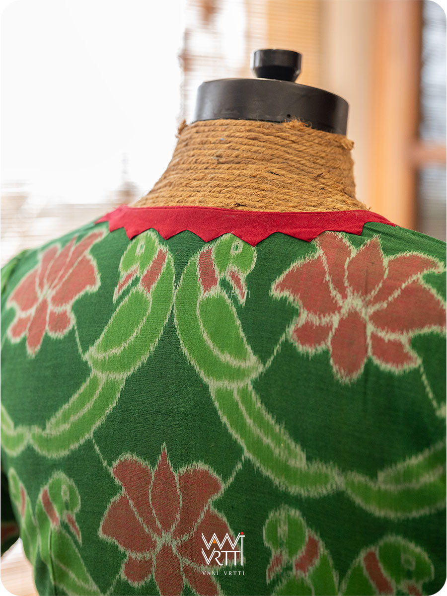 Fern Green Lotus Parrot Patchwork Cotton Ikat Blouse