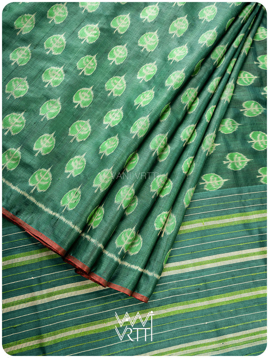 Emerald Green Peepal Ikat Handspun Tussar Silk Saree