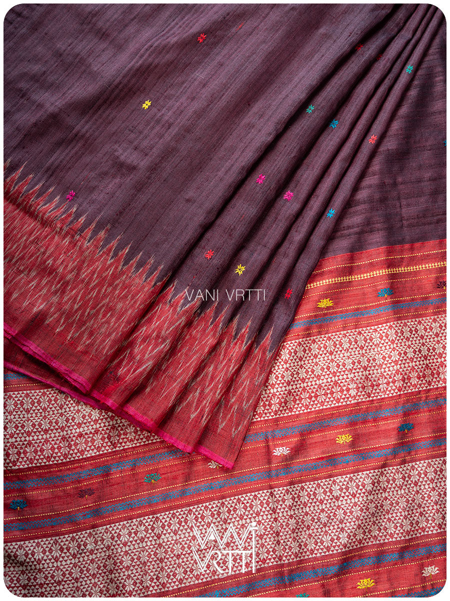 Coffee Red Firozi Ganga Jamuna Anjana Handspun Tussar Silk Saree