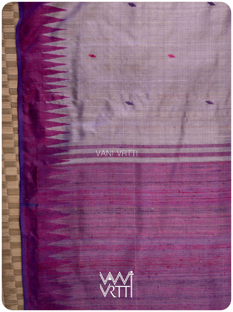 Greyish Lilac Magenta Ganga Jamuna Bristi Handspun Tussar Silk Saree