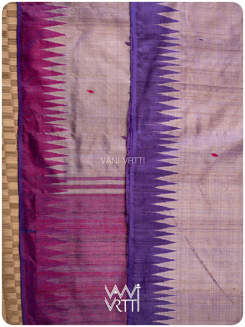 Greyish Lilac Magenta Ganga Jamuna Bristi Handspun Tussar Silk Saree