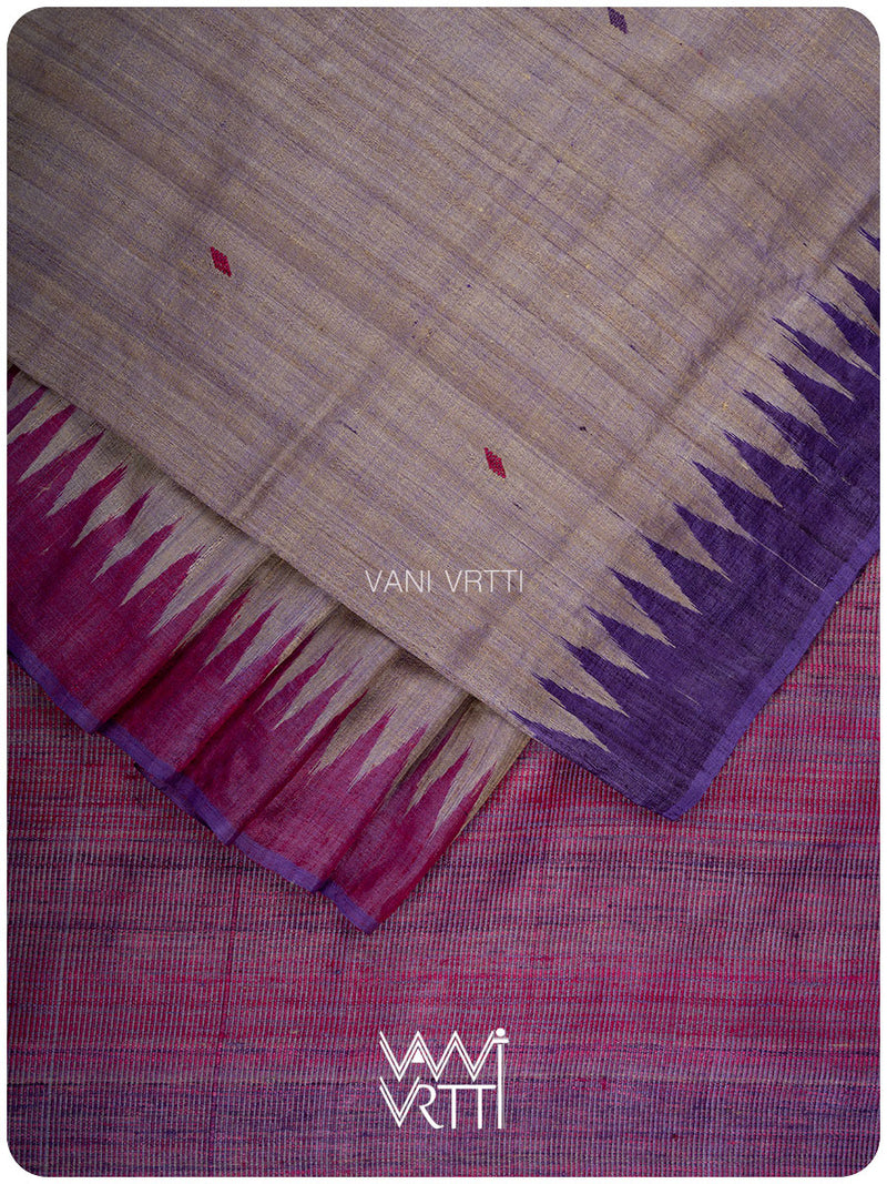 Greyish Lilac Magenta Ganga Jamuna Bristi Handspun Tussar Silk Saree