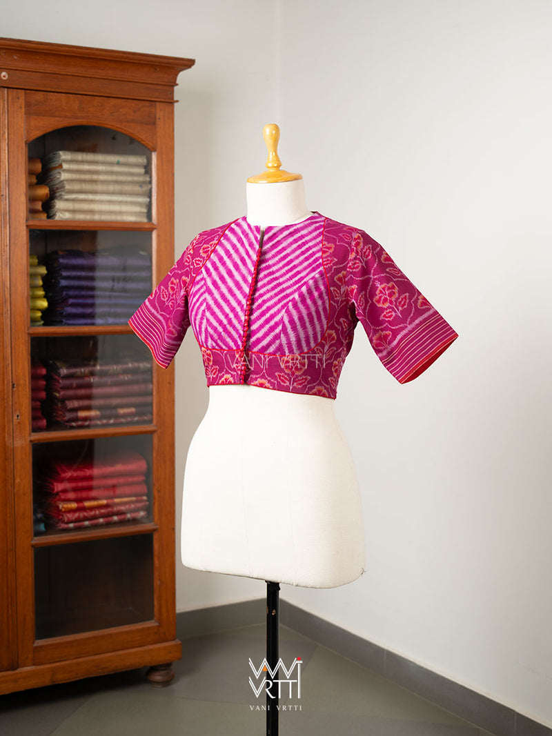 Purplish Pink Laal Jaba V Line Yoke Cotton Ikat Blouse