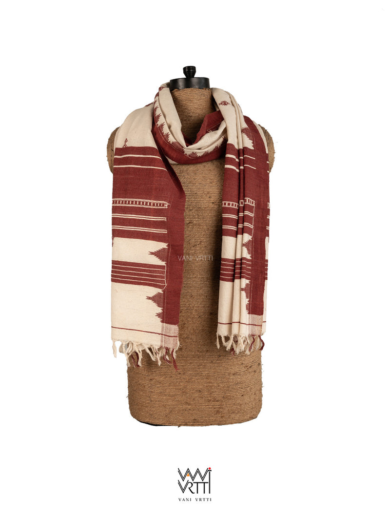 Off White Red Temple Motif Kotpad Shawl