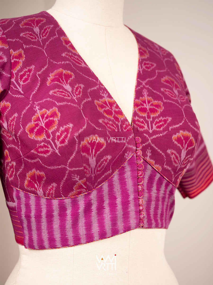 Purplish Pink Laal Jaba Deep Plunge Neck Cotton Ikat Padded Blouse