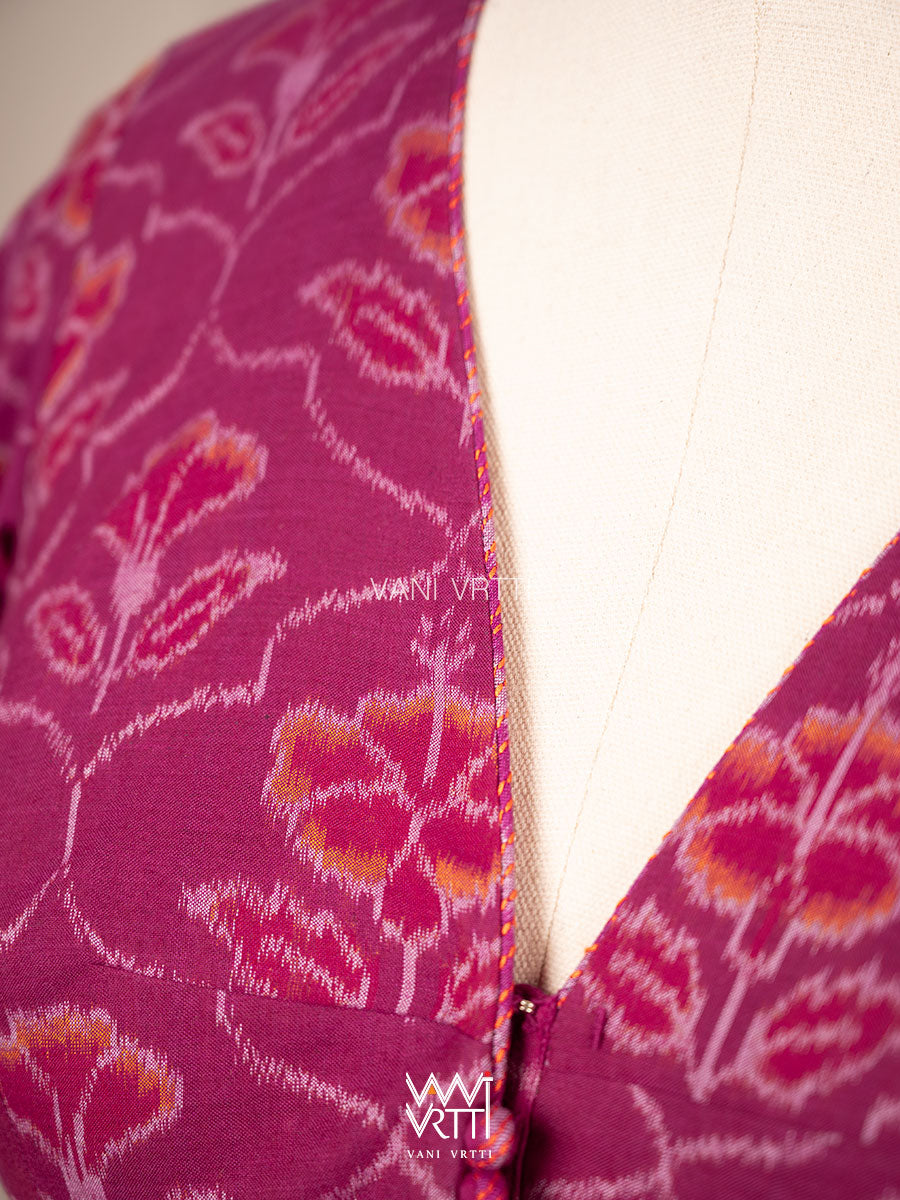Purplish Pink Laal Jaba Deep Plunge Neck Cotton Ikat Padded Blouse