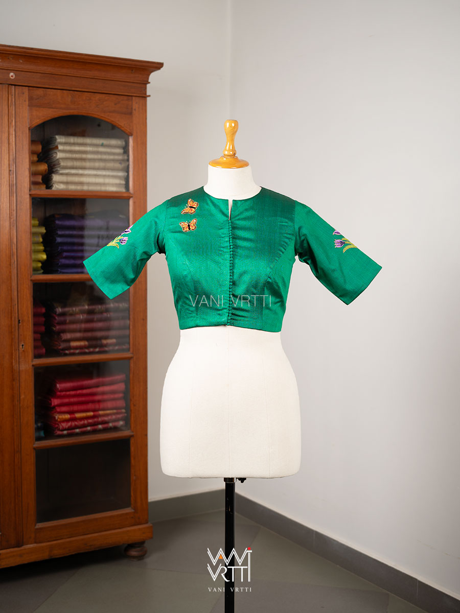 Emerald Green Saffron Flower And Monarch Butterflies Hand Embroidery Tussar Silk Blouse