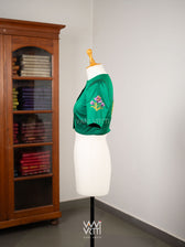 Emerald Green Saffron Flower And Monarch Butterflies Hand Embroidery Tussar Silk Blouse