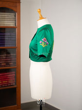 Emerald Green Saffron Flower And Monarch Butterflies Hand Embroidery Tussar Silk Blouse