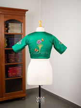 Emerald Green Saffron Flower And Monarch Butterflies Hand Embroidery Tussar Silk Blouse
