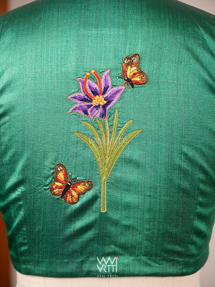 Emerald Green Saffron Flower And Monarch Butterflies Hand Embroidery Tussar Silk Blouse