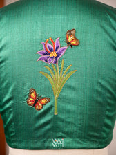 Emerald Green Saffron Flower And Monarch Butterflies Hand Embroidery Tussar Silk Blouse