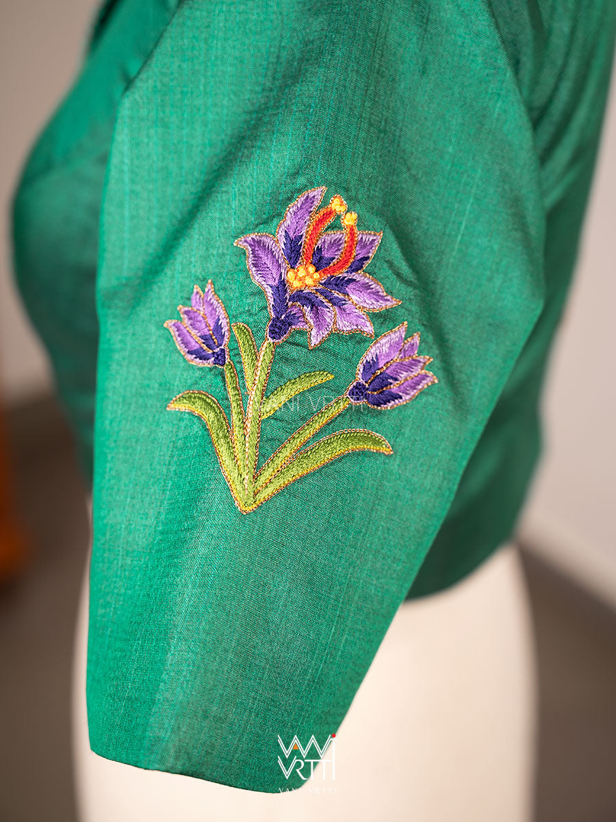 Emerald Green Saffron Flower And Monarch Butterflies Hand Embroidery Tussar Silk Blouse