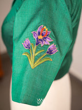 Emerald Green Saffron Flower And Monarch Butterflies Hand Embroidery Tussar Silk Blouse