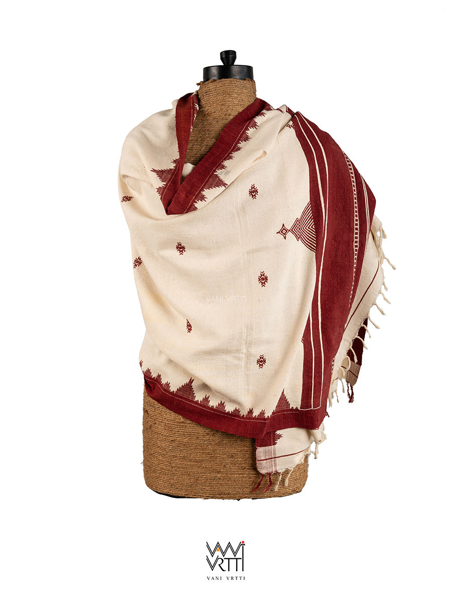 Off White Red Temple Motif Kotpad Shawl