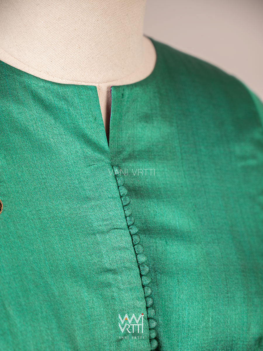Emerald Green Saffron Flower And Monarch Butterflies Hand Embroidery Tussar Silk Blouse