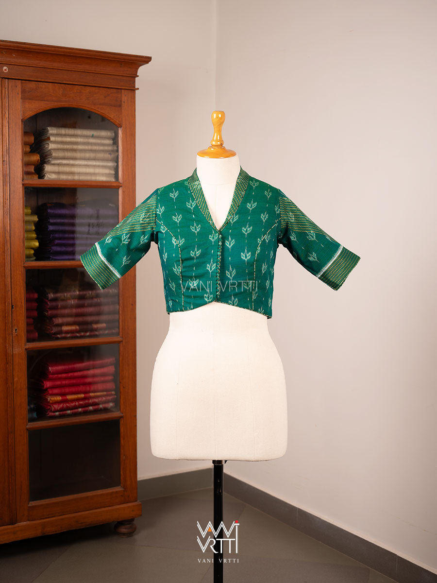Rama Green Lotus Bud Collared Cotton Ikat Blouse