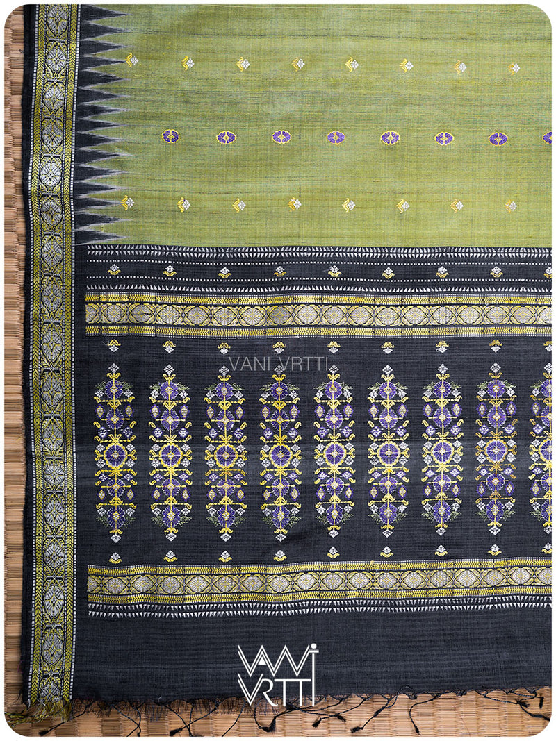 Mehendi Green Black Brahma Kamal Master Weave Exclusive Handspun Tussar Silk Saree